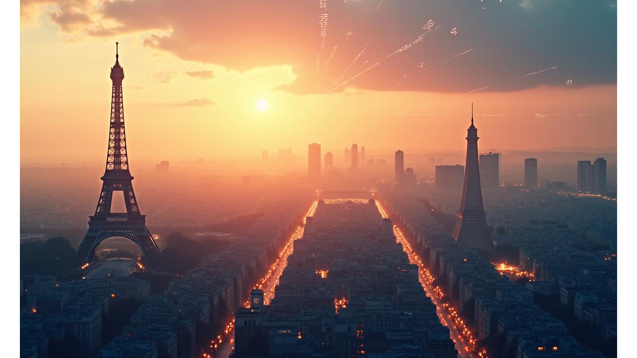 Vue emblématique de Paris au lever du soleil avec des lignes de données abstraites et des symboles de voyage, représentant l'innovation de Voyage Hermès