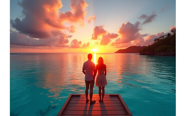 Couple élégant appréciant un coucher de soleil sur une plage idyllique en Polynésie française, vue d'un bungalow sur l'eau.