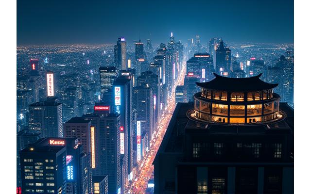 Vue nocturne animée de Tokyo, avec des gratte-ciel illuminés et un signe de sumo en arrière-plan, symbolisant un voyage d'affaires combiné à une expérience culturelle.