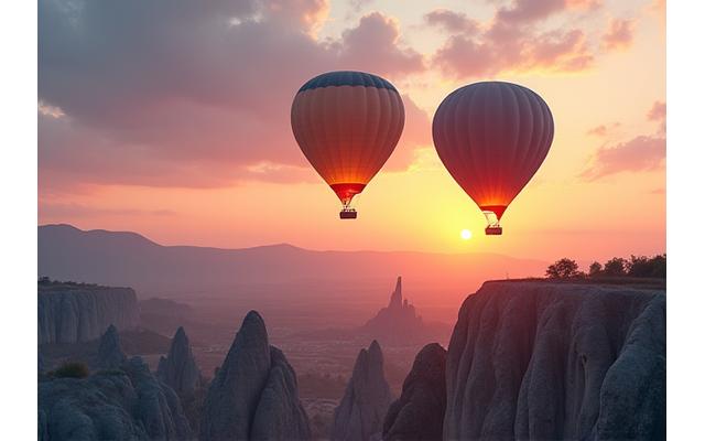 Expérience sur mesure comme un tour en montgolfière au lever du soleil sur une vallée pittoresque, symbolisant des moments uniques.