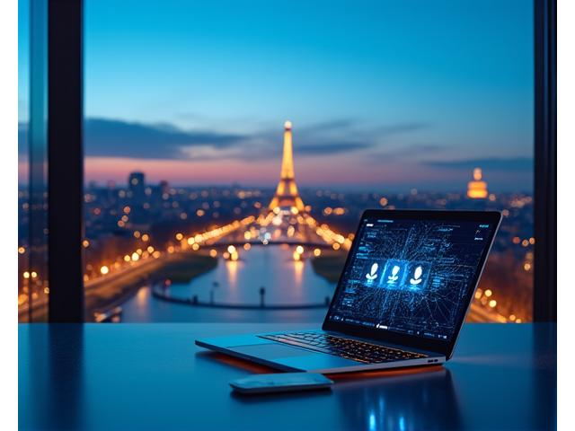 Vue moderne de Paris avec interface technologique superposée, symbolisant la connexion et l'innovation