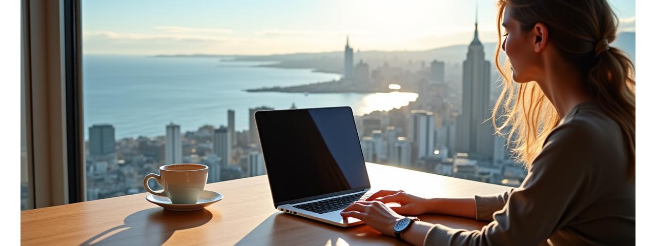 Travailleur indépendant sur un ordinateur portable, travaillant depuis un café pittoresque avec vue sur la ville