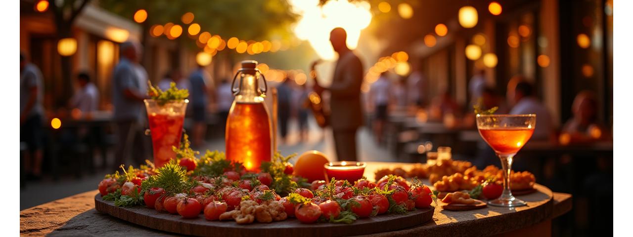 Coucher de soleil sur une plage avec un couple dégustant des cocktails et écoutant de la musique, ambiance festival