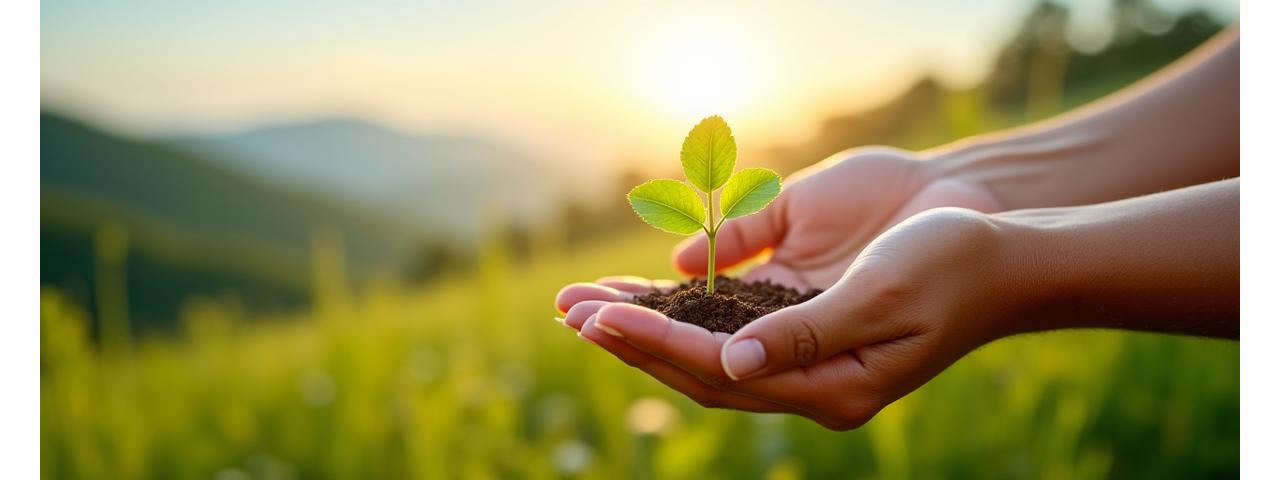 Mains plantant un jeune arbre dans un paysage verdoyant, symbolisant le tourisme durable