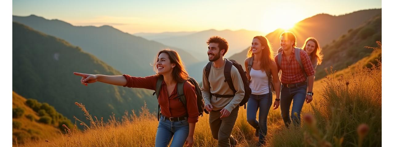 Groupe d'amis riant et interagissant lors d'un voyage en montagne, partageant une passion commune