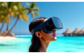 Personne portant un casque de réalité virtuelle, explorant une plage paradisiaque