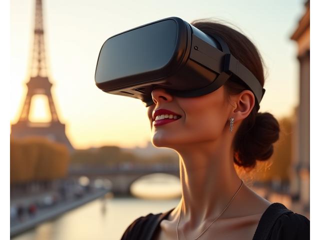 Une femme souriante portant un casque VR, devant une scène de Venise rendue en réalité virtuelle