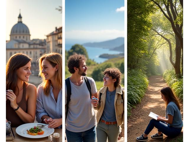 Montage d'images présentant différents profils de voyageurs (par exemple, un jeune couple urbain, une famille explorant la nature, un voyageur solo lisant un livre) avec des fragments d'itinéraires superposés montrant à quel point chaque voyage est personnalisé.