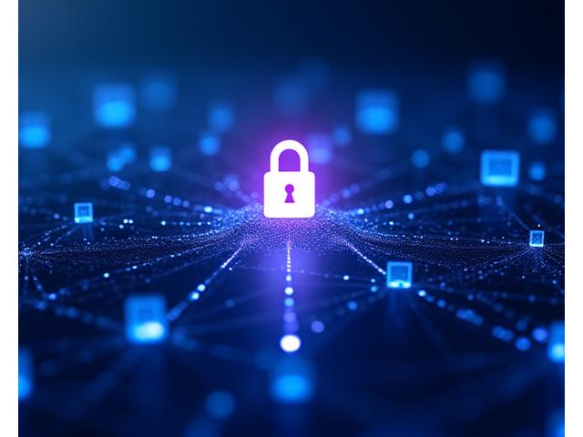 Illustration d'un réseau blockchain sécurisé avec des points de données représentés comme des blocs interconnectés et un cadenas symbolisant la protection