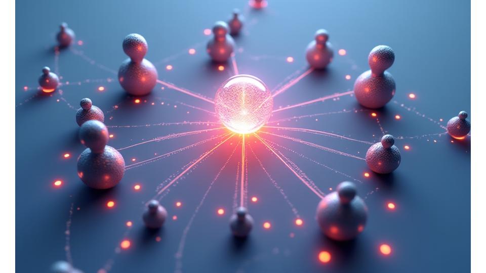 Infographie illustrant le fonctionnement de l'algorithme de matching IA, montrant des bulles d'intérêts interconnectées et des profils d'utilisateurs avec des pourcentages de compatibilité.