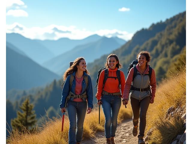 Groupe d'amis riant lors d'une randonnée en montagne, avec un paysage époustouflant en arrière-plan.