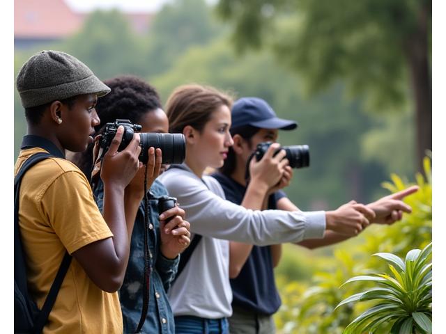Groupe de passionnés de photographie durant un workshop en plein air, capturant des paysages ensemble.