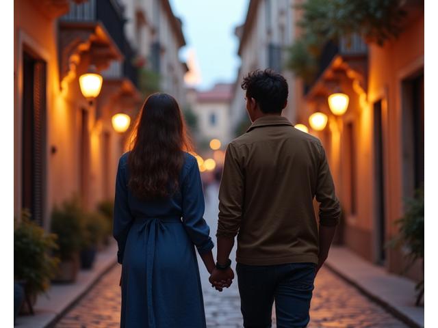 Couple se tenant la main en explorant une vieille ville européenne au crépuscule.