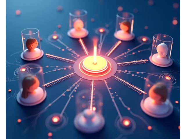 Interface utilisateur stylisée d'un 'wizard' ou assistant de formation de groupe, avec des profils d'utilisateurs potentiels et une matrice de compatibilité visuelle.