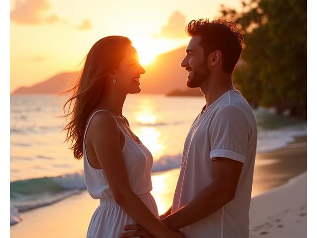 Couple riant sur la plage au coucher du soleil, symbolisant une connexion réussie grâce à Voyage Hermès.