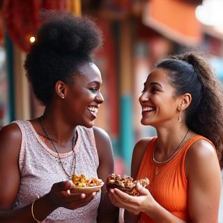 Sophie et Chloé, amies, explorant un marché coloré du Maroc, riant ensemble et partageant un plat local.