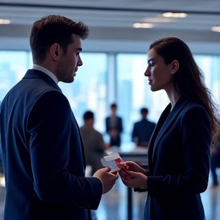David et Emily, professionnels, échangeant des cartes de visite lors d'un événement de networking à Tokyo, avec un fond urbain moderne.