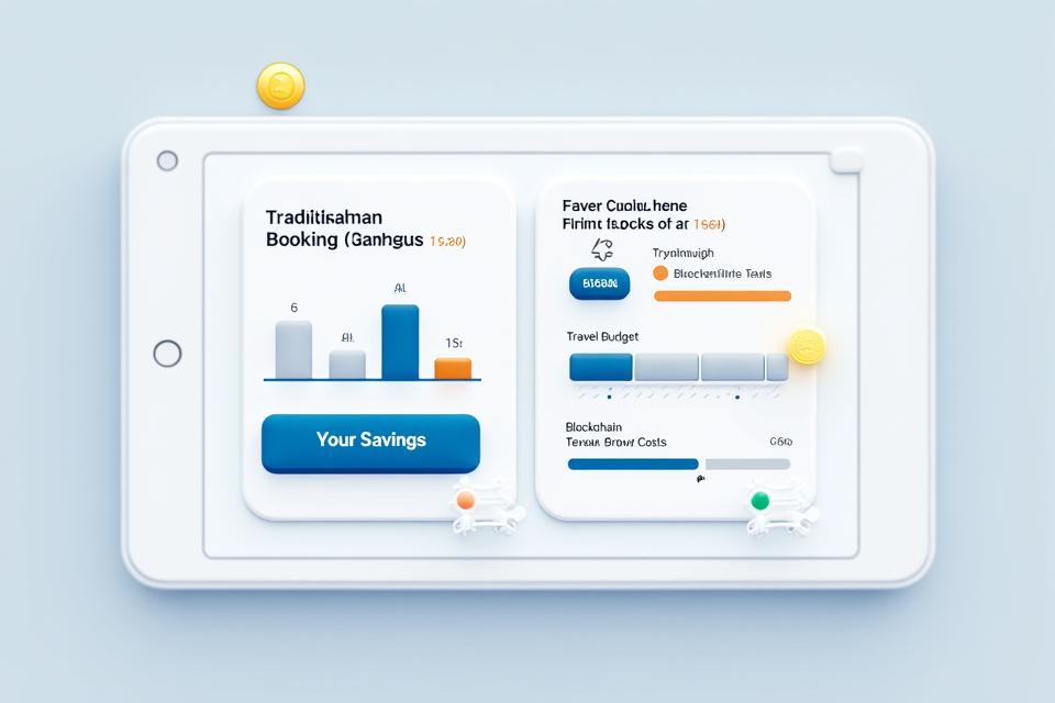 Interface d'un calculateur d'économies interactif affichant des graphiques comparatifs entre les coûts de voyage traditionnels et les coûts via la blockchain, avec des sliders pour le montant de la réservation et les options de service en temps réel.
