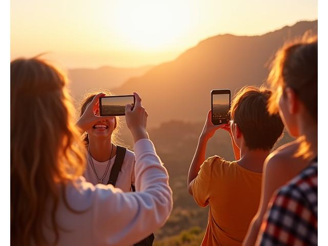 Un groupe de jeunes millennials posant joyeusement dans un lieu exotique, appareil photo à la main, avec un filtre Instagram discret appliqué.