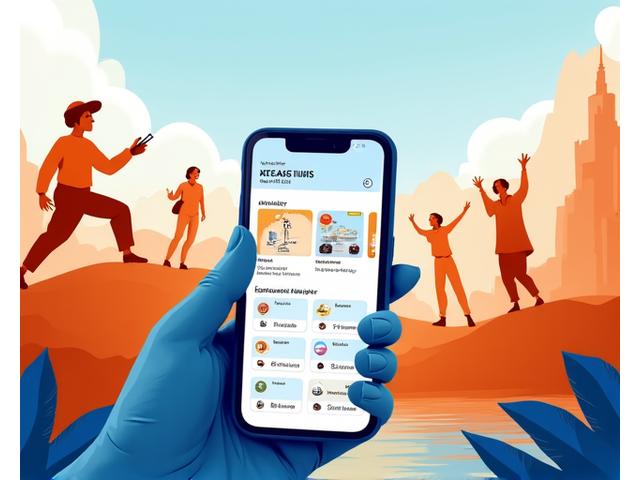 Illustration d'une application mobile Voyage Hermès sur un smartphone stylisé, montrant une interface de planification de voyage moderne avec des photos de jeunes voyageurs en pleine action.