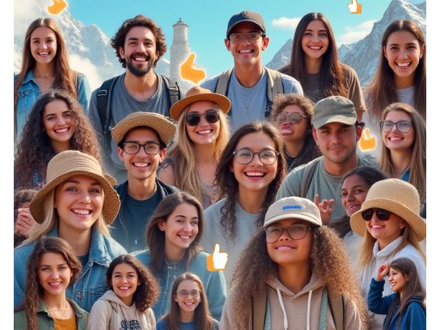 Un collage de photos de jeunes voyageurs riant et interagissant, rappelant un feed social, avec des icônes de likes et commentaires de Voyage Hermès.