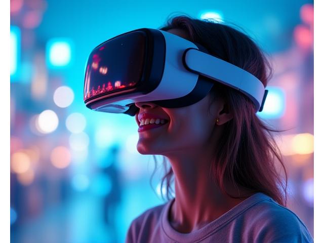 Une jeune femme souriante portant un casque de réalité virtuelle, avec des scènes de voyage exotiques projetées autour d'elle dans un effet holographique.