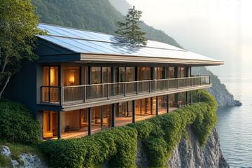 Façade d'un hôtel moderne avec panneaux solaires sur le toit