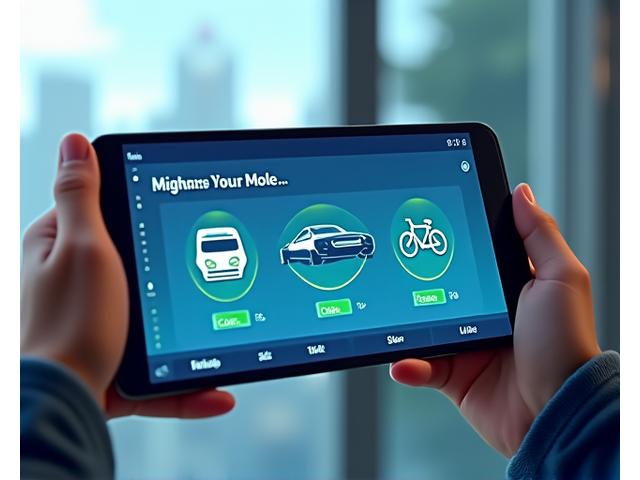 Interface de comparaison de modes de transport avec icônes de train, voiture électrique et vélo