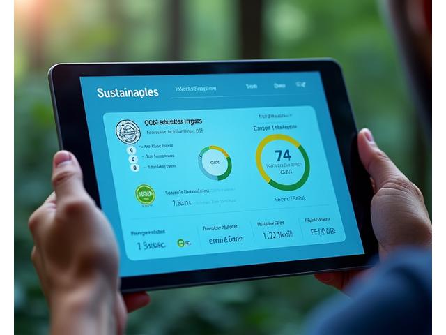 Tableau de bord numérique affichant graphiques, statistiques et badges de durabilité