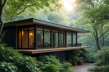 Cabane moderne en bois intégrée dans une forêt luxuriante