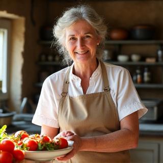 Portrait souriant de Maria, chef locale en Italie, enseignant dans une cuisine traditionnelle.