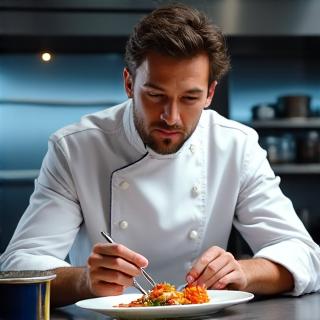 Portrait du Chef Antoine Dubois, étoilé Michelin, préparant un plat sophistiqué.