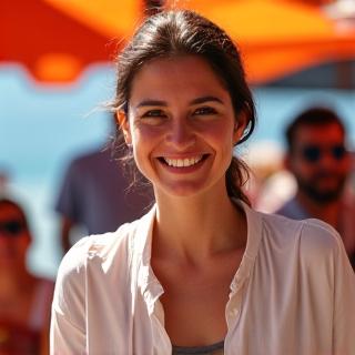 Portrait de la Chef Elena Rodriguez, spécialiste de la cuisine méditerranéenne, dans un marché espagnol.