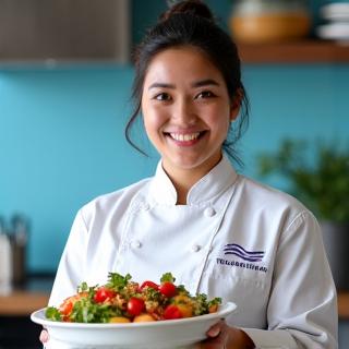 Portrait de la Chef Sara Khan, spécialiste de la fusion asiatique, souriante dans sa cuisine.