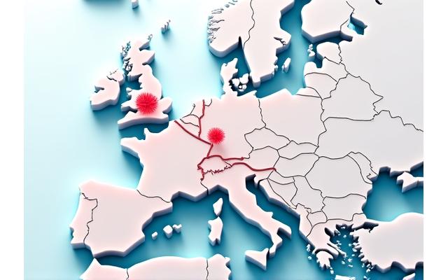 Carte interactive montrant des itinéraires thématiques en Europe, signalant des régions spécifiques pour la gastronomie du vin en France, la musique folklorique en Irlande et la cuisine méditerranéenne en Italie.