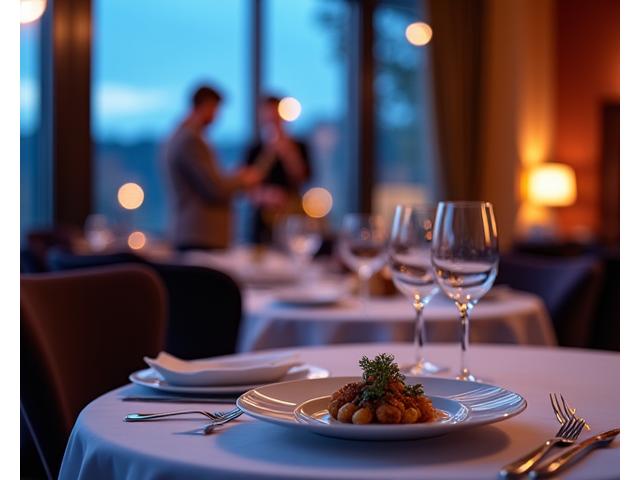 Scène élégante d'un restaurant avec une faible lumière, des assiettes gastronomiques et un petit ensemble de jazz jouant doucement en arrière-plan.
