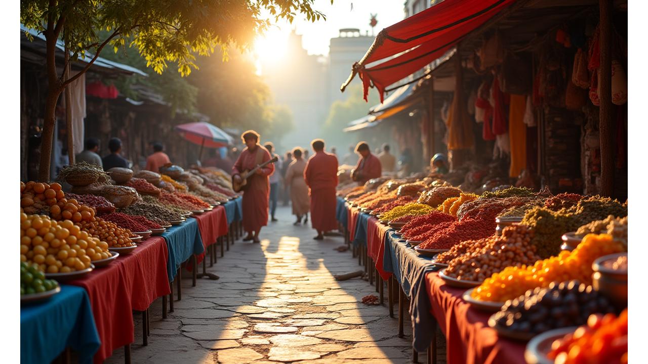 Vue panoramique d'un marché coloré avec des épices vibrantes et un groupe de musiciens locaux jouant en arrière-plan, symbolisant la fusion des sens.